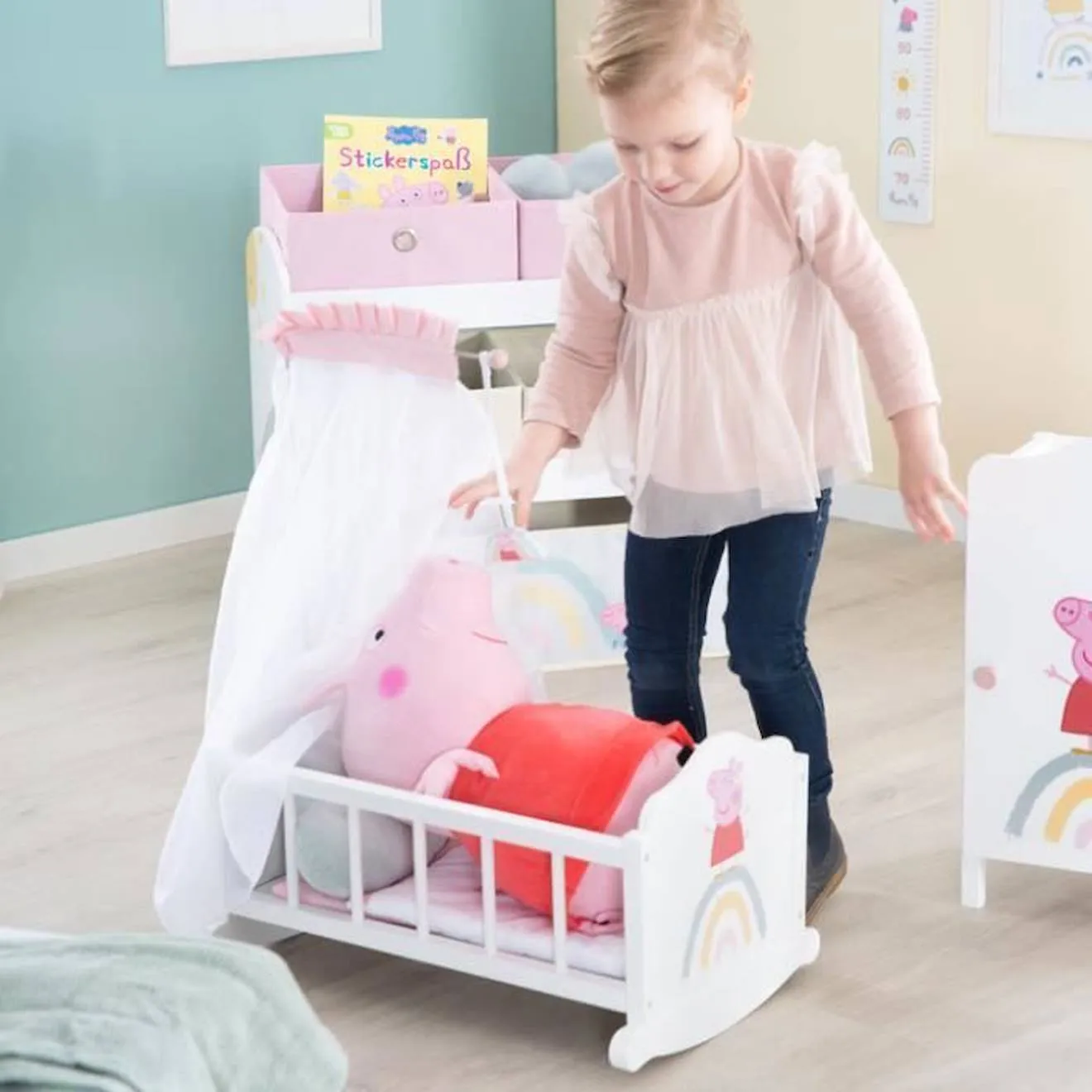 Berceau de Poupée Peppa Pig en Bois - Linge de Lit Inclus - Motif Truie - Nurserie poupon - Blanc - Rose - ROBA blanc - Roba
