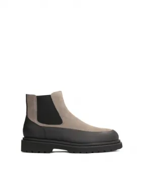 Bottes Chelsea pour hommes en daim beige et noir et en cuir caoutchouté
