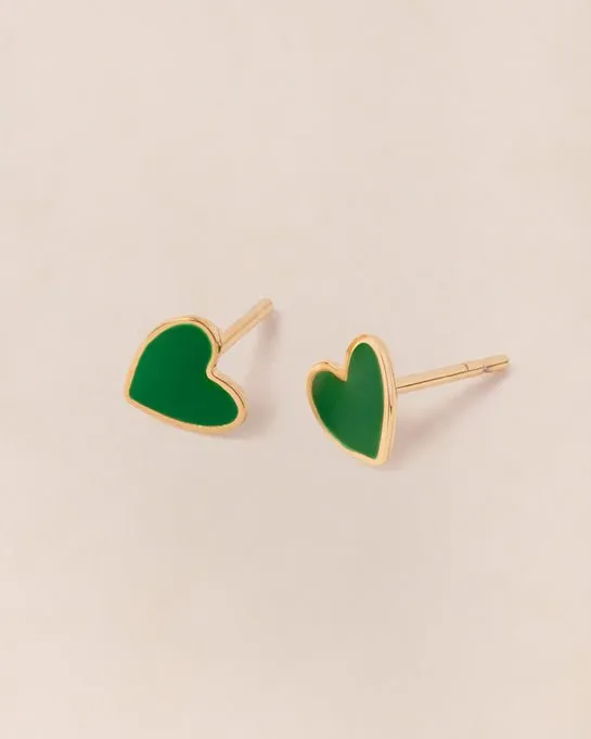 Boucles d'oreilles coeur Céleste émoi émoi - émail vert et or fin 24 carats