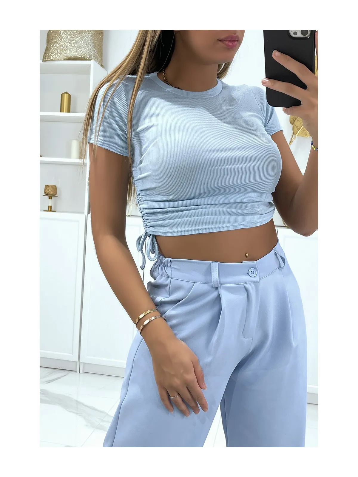 Crop top turquoise matière côtelé avec fronce sur les côtés 