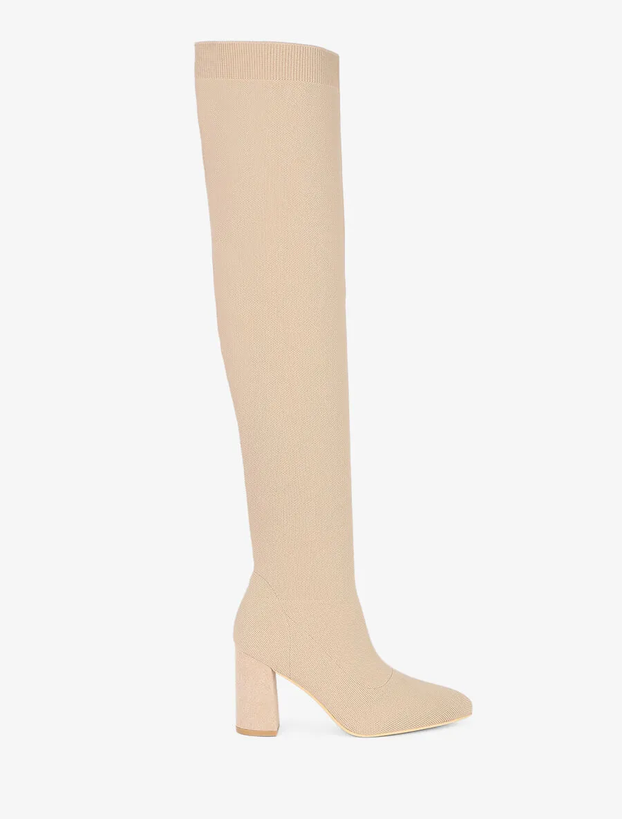 Cuissardes en maille et talon haut - Beige