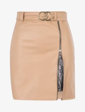 Jupe à zip et empiècement dentelle - beige