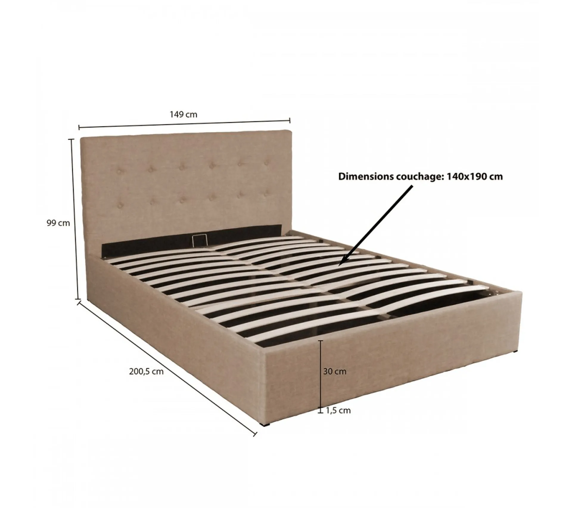Lit Coffre Parma 140x190 + 1 Sommier / Beige