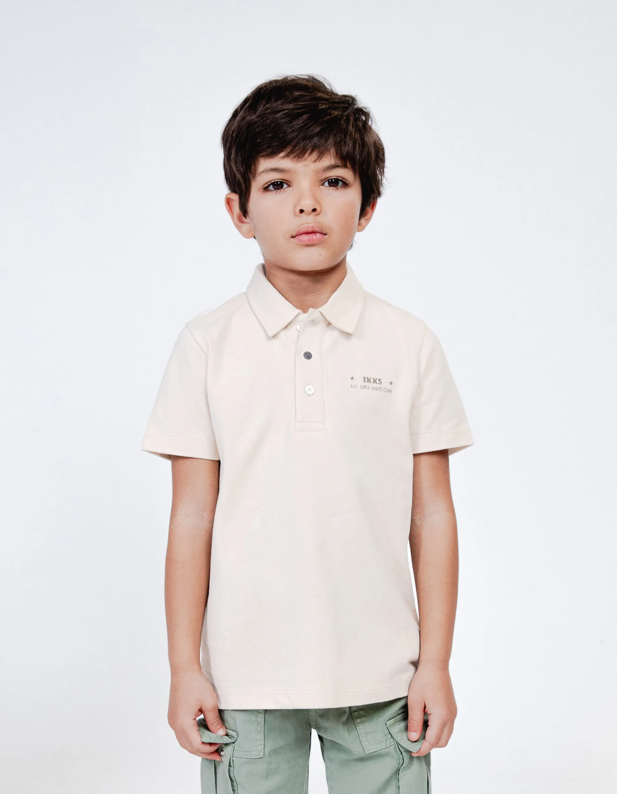 Polo beige coton bio brodé poitrine garçon