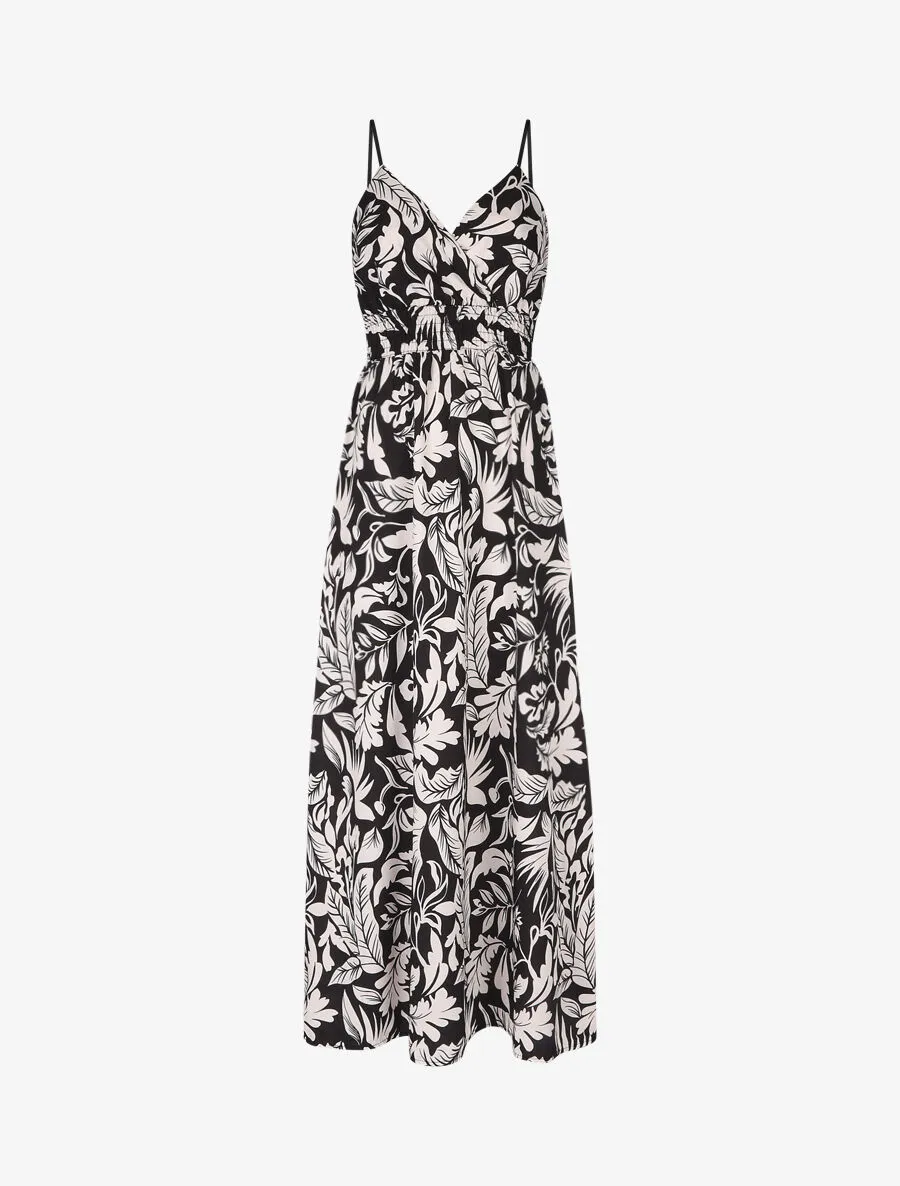 Robe longue à bretelles imprimé feuilles - Noir