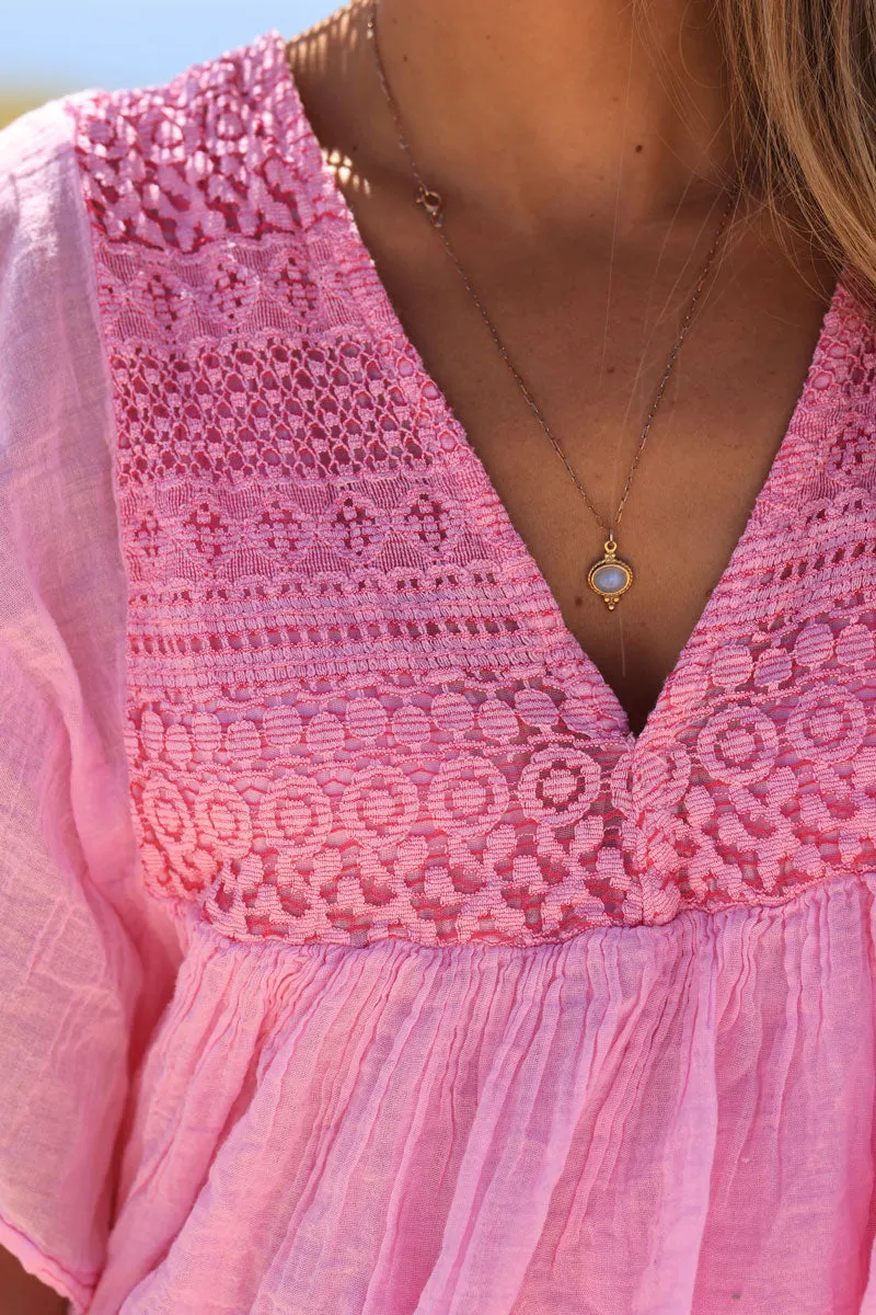 Robe rose légère voile de coton haut dentelle