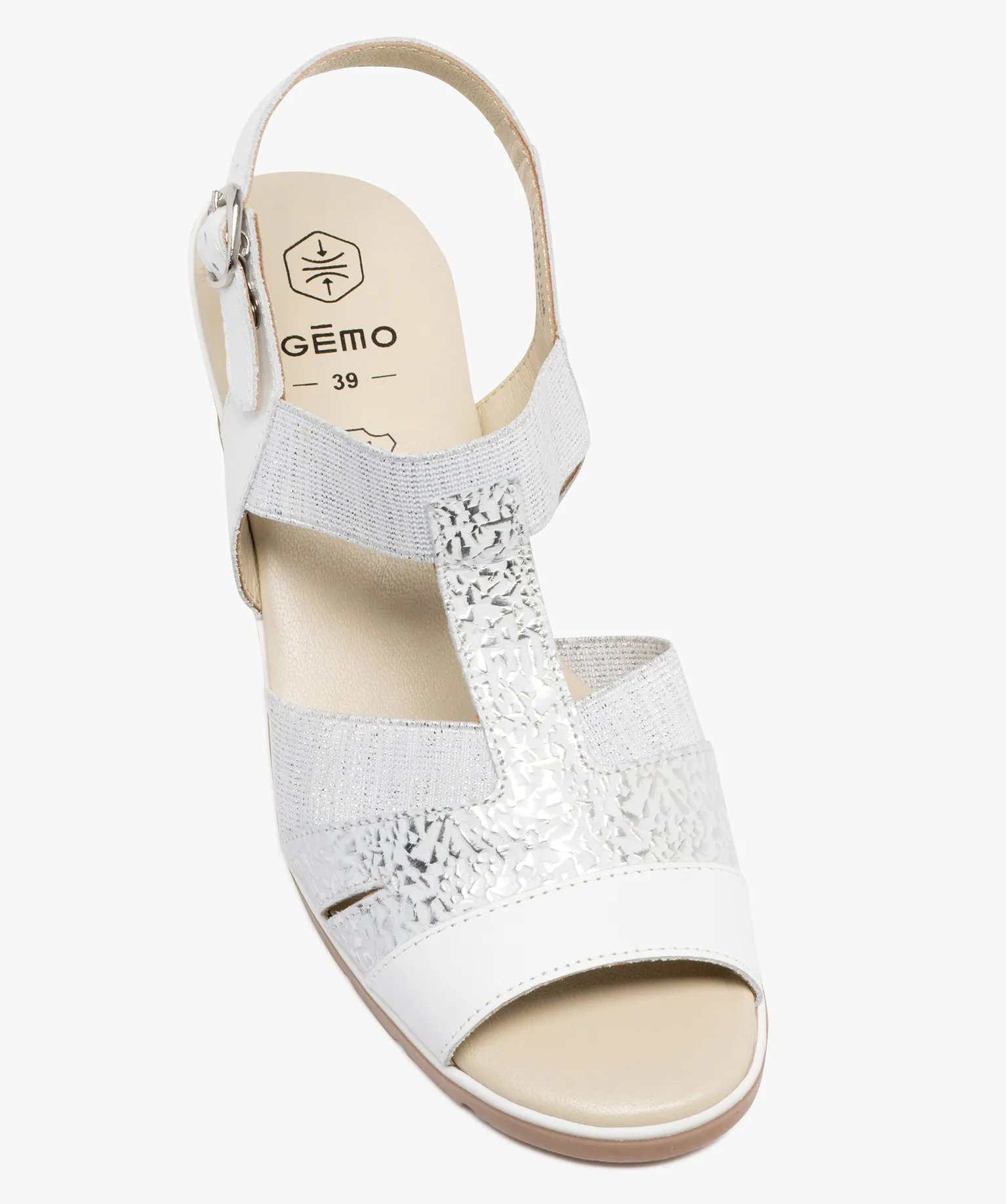 Sandales femme confort à talon compensé avec brides fantaisie élastiques et en cuir blanc