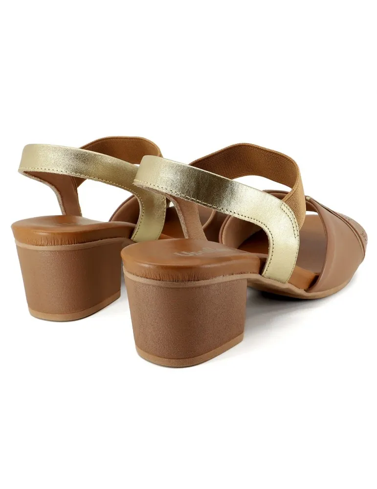 sandales à talonsspécial hallux bride élastique cuir camel et doré 06 cm