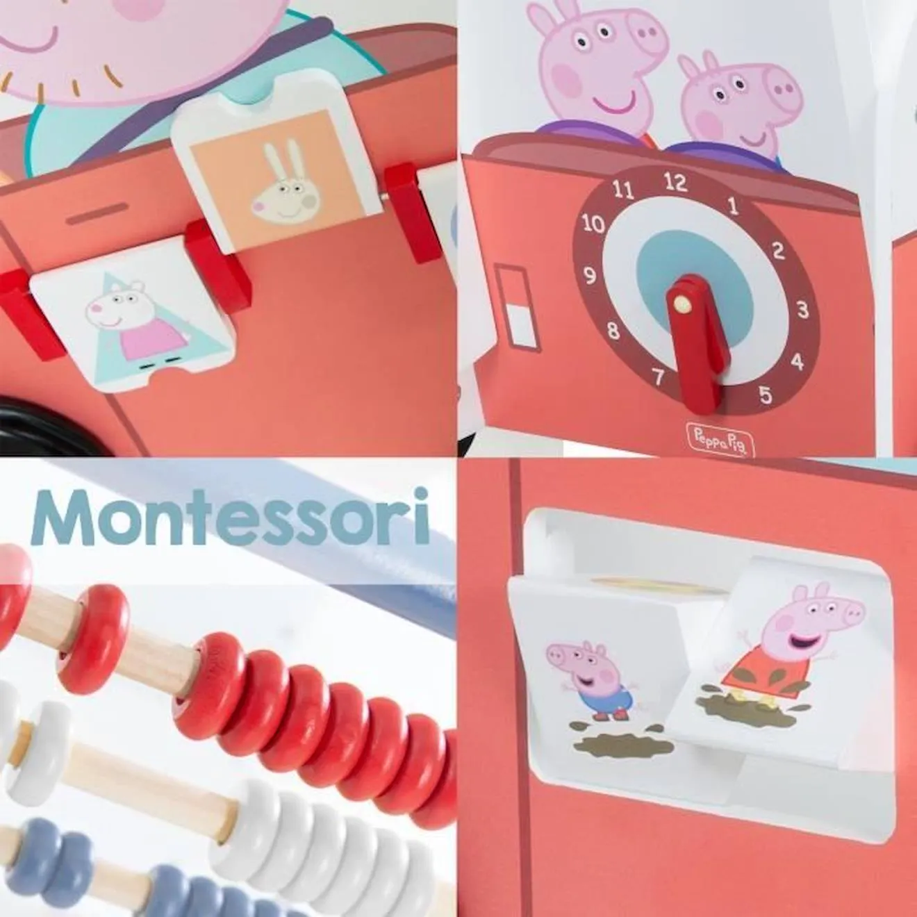 Trotteur Bébé Peppa Pig - Bus et Chariot Enfant - Horloge Boulier et Éléments à Tourner - Bois Rose - Blanc rose - Roba