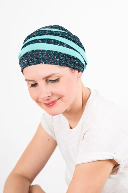 Turban pour chimiothérapie bicolore turquoise